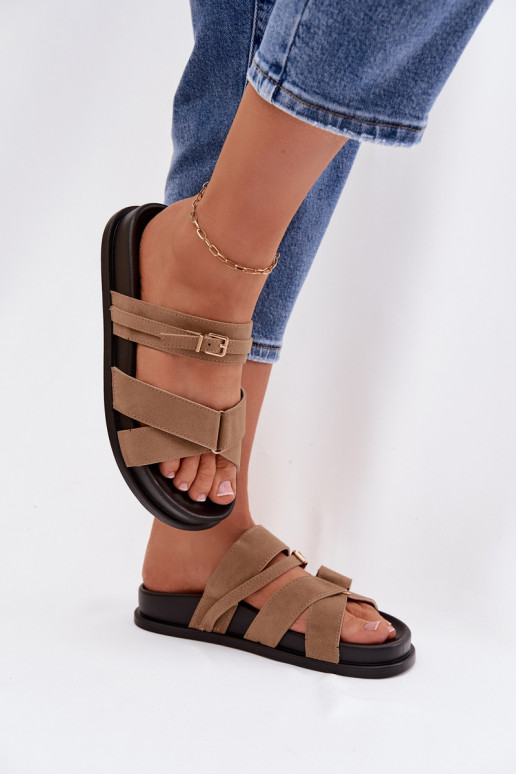 Women's Slides With Straps And Gold Buckle Dark Beige Selorina