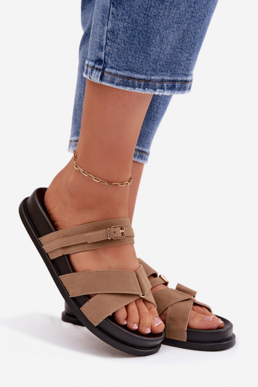 Women's Slides With Straps And Gold Buckle Dark Beige Selorina