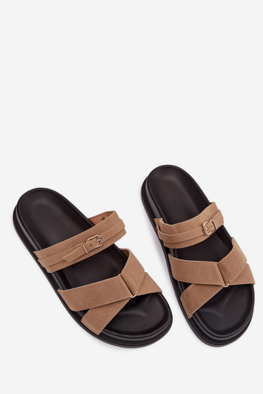 Women's Slides With Straps And Gold Buckle Dark Beige Selorina