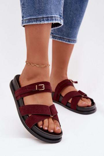 Women's Strappy Flat Bordeaux Gold Buckle Slides Selorina 2