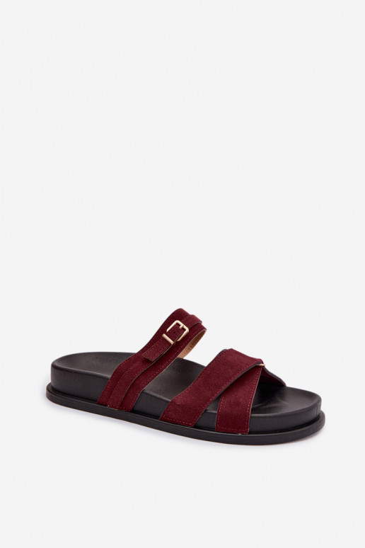 Women's Strappy Flat Bordeaux Gold Buckle Slides Selorina