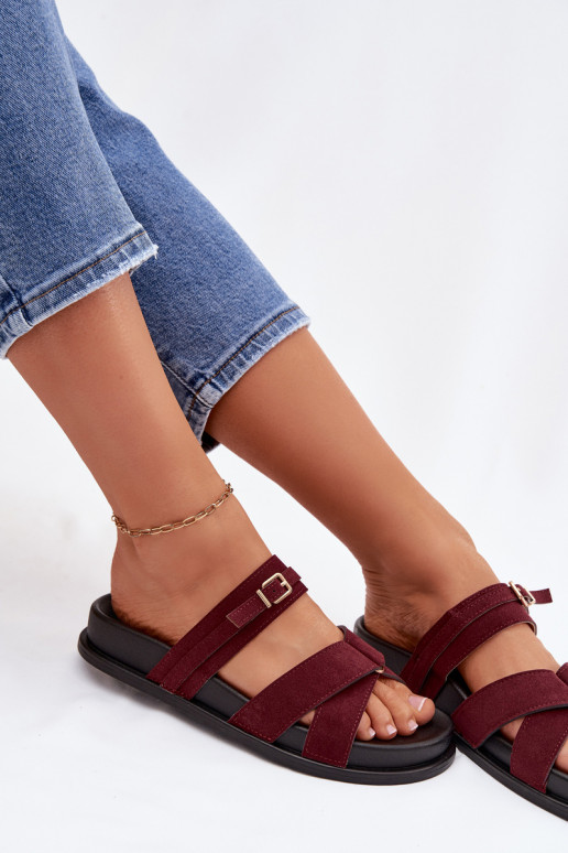 Women's Strappy Flat Bordeaux Gold Buckle Slides Selorina