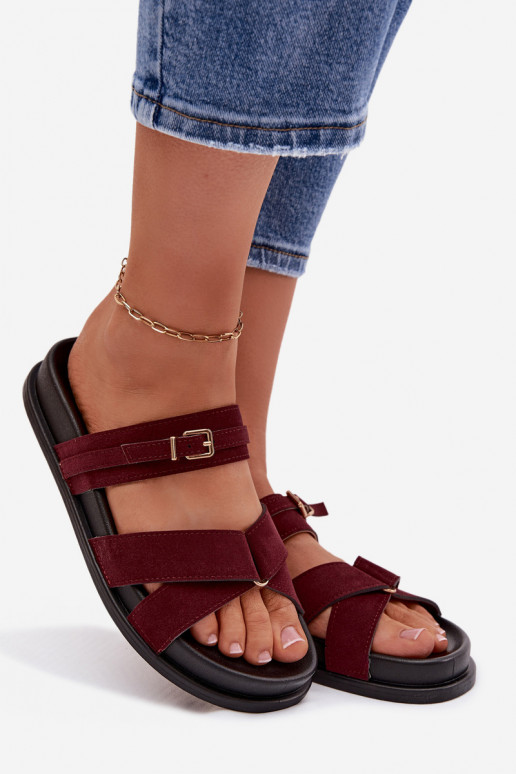 Women's Strappy Flat Bordeaux Gold Buckle Slides Selorina