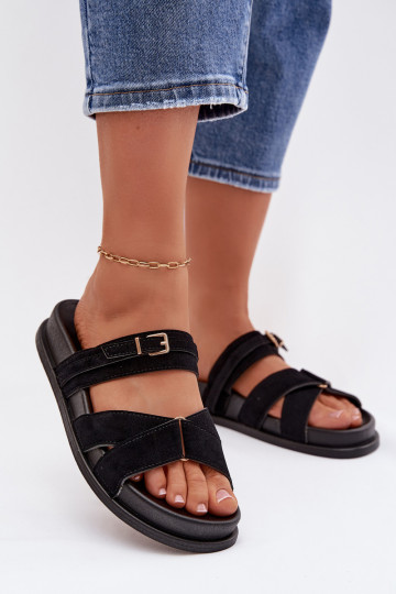Women's Strappy Black Sandals With Gold Buckle Selorina 2