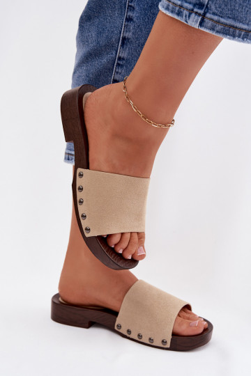 Women's Flat Beige Slides With Buckles Amelvessa