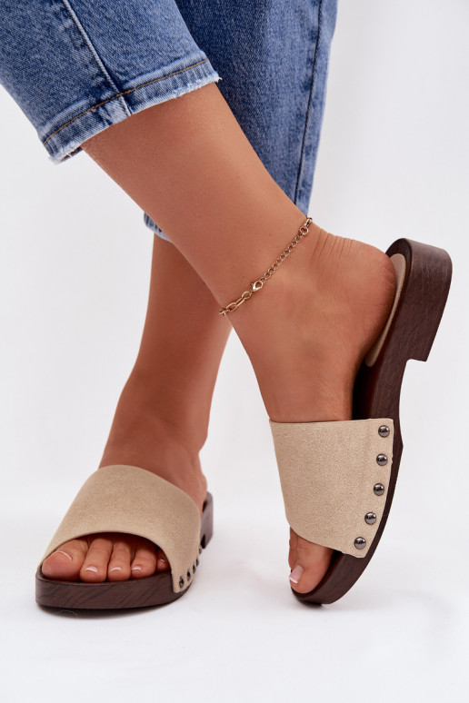 Women's Flat Beige Slides With Buckles Amelvessa