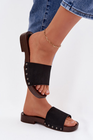 Women's Flat Black Studded Slides Amelvessa