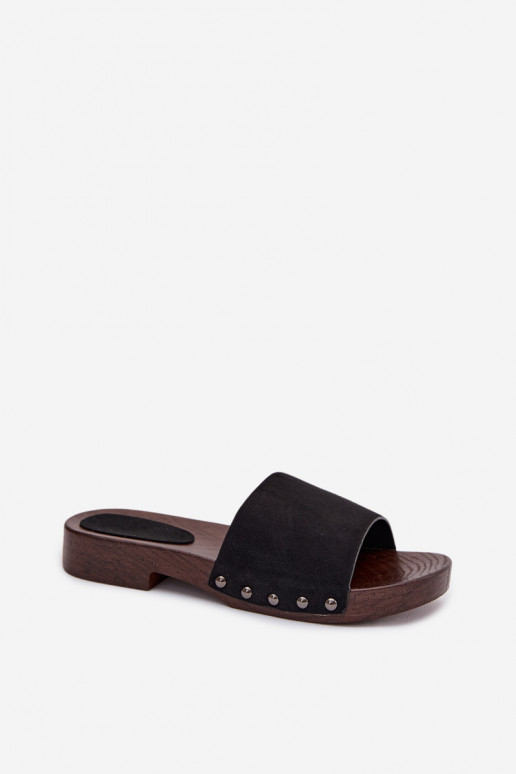 Women's Flat Black Studded Slides Amelvessa