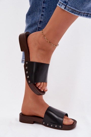 Women's Flat Black Slide Sandals With Buckles Brinalle