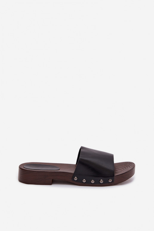 Women's Flat Black Slide Sandals With Buckles Brinalle