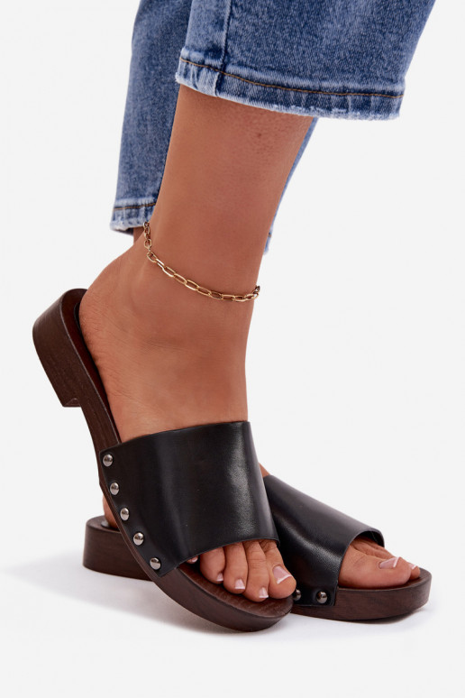 Women's Flat Black Slide Sandals With Buckles Brinalle