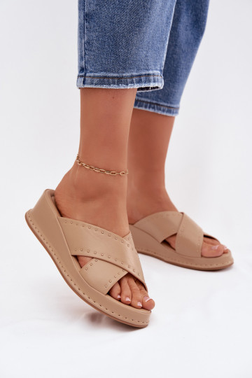 Decorated Women's Platform Sandals Made of Eco Leather Beige Calorissa