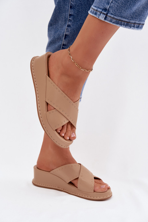 Decorated Women's Platform Sandals Made of Eco Leather Beige Calorissa