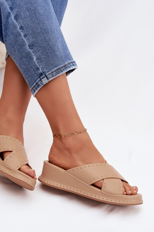 Decorated Women's Platform Sandals Made of Eco Leather Beige Calorissa