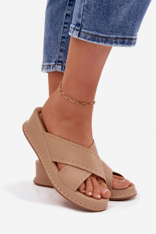 Decorated Women's Platform Sandals Made of Eco Leather Beige Calorissa