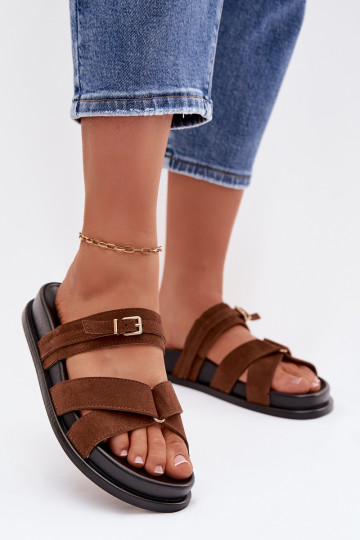 Women's Strappy Brown Slide with Gold Buckle Selorina 2