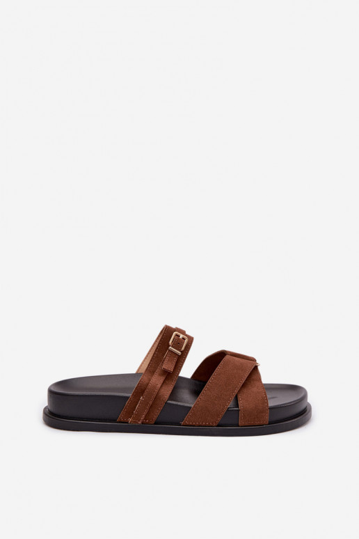 Women's Strappy Brown Slide with Gold Buckle Selorina