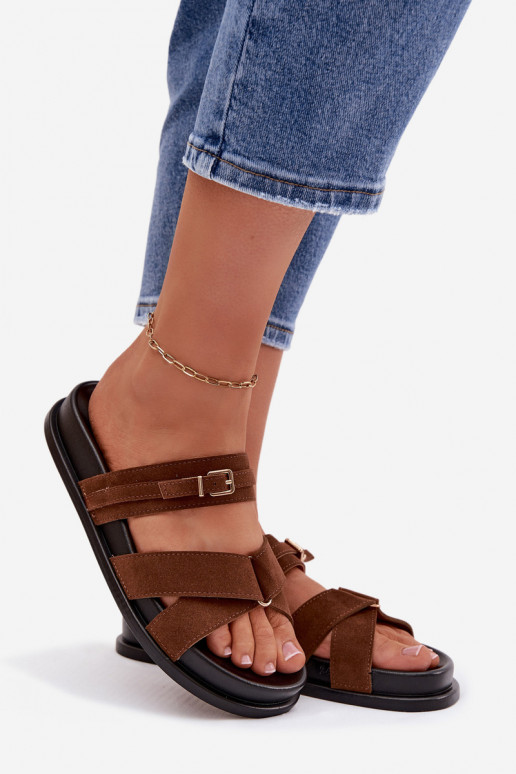 Women's Strappy Brown Slide with Gold Buckle Selorina