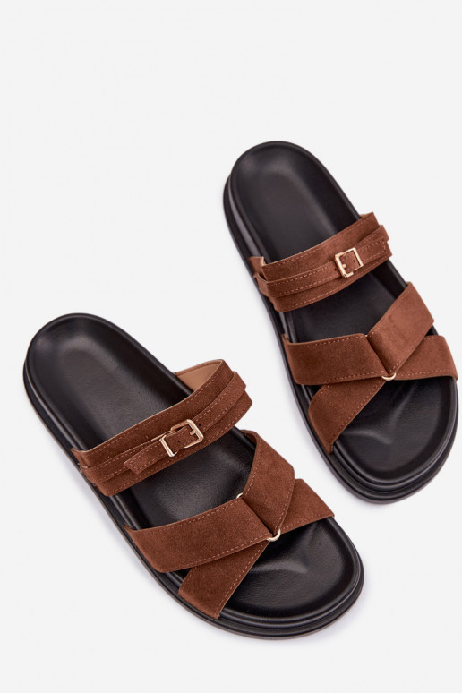 Women's Strappy Brown Slide with Gold Buckle Selorina