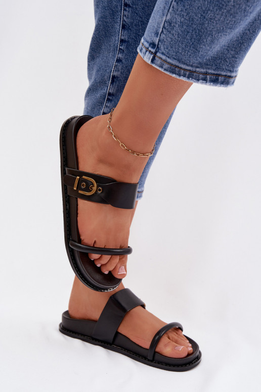 Women's Black Slides With Gold Buckle Sarilisse