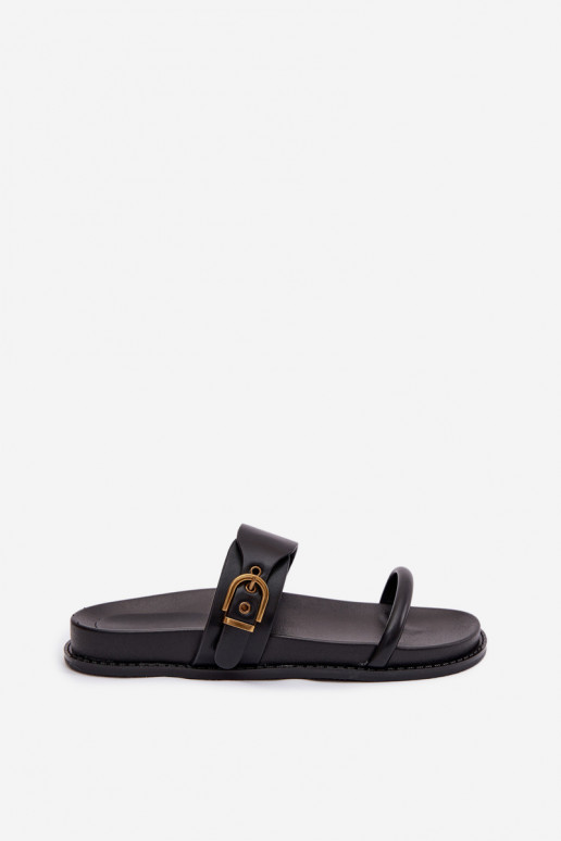 Women's Black Slides With Gold Buckle Sarilisse