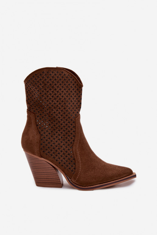 Ażurowe Botki Damskie Na Słupku Brązowe Rivorina