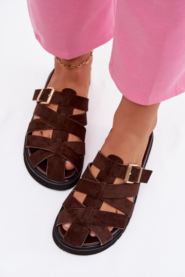 Women's Strappy Chocolate Roselisse Slides With Gold Buckle