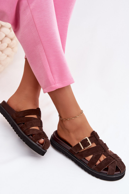 Women's Strappy Chocolate Roselisse Slides With Gold Buckle