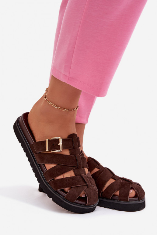 Women's Strappy Chocolate Roselisse Slides With Gold Buckle