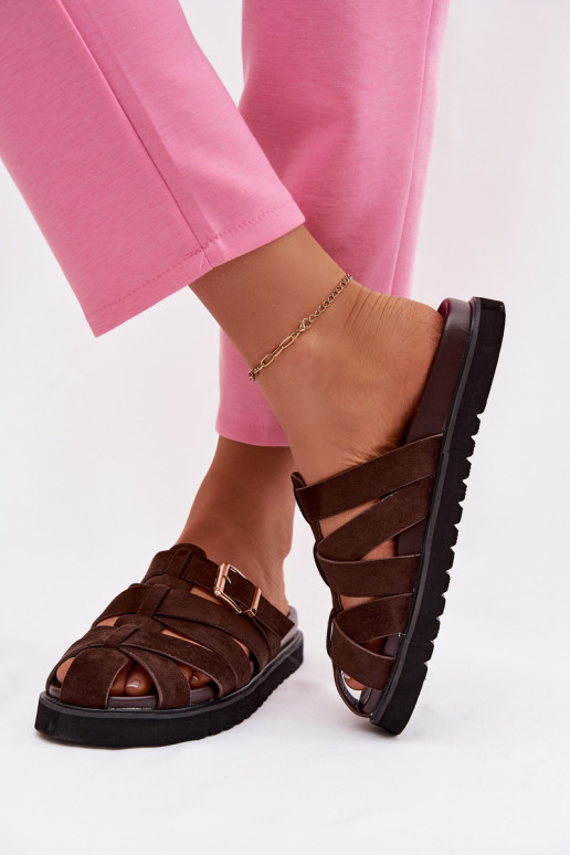 Women's Strappy Chocolate Roselisse Slides With Gold Buckle