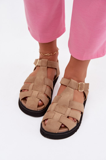 Women's Roman Sandals With Gold Buckle On Platform Beige Terelina
