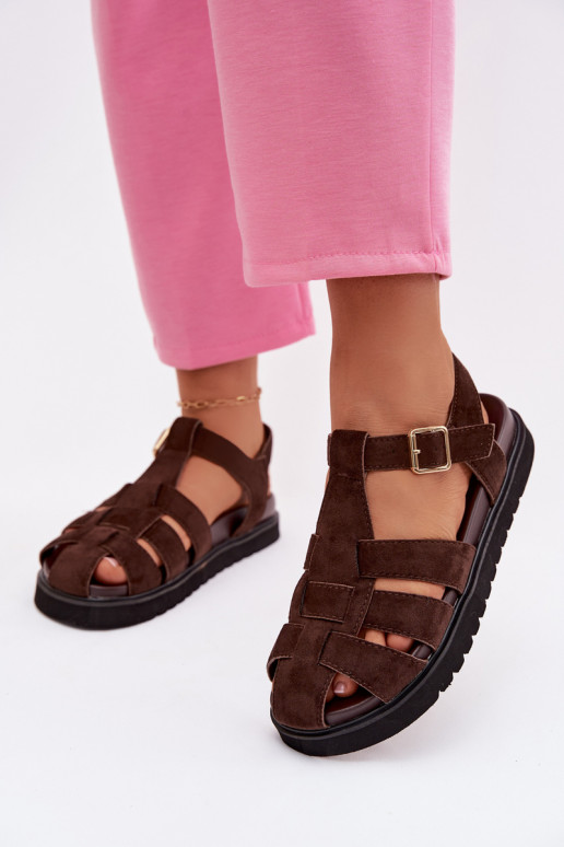 Women's Roman Sandals With Gold Buckle On Platform Chocolate Terelina