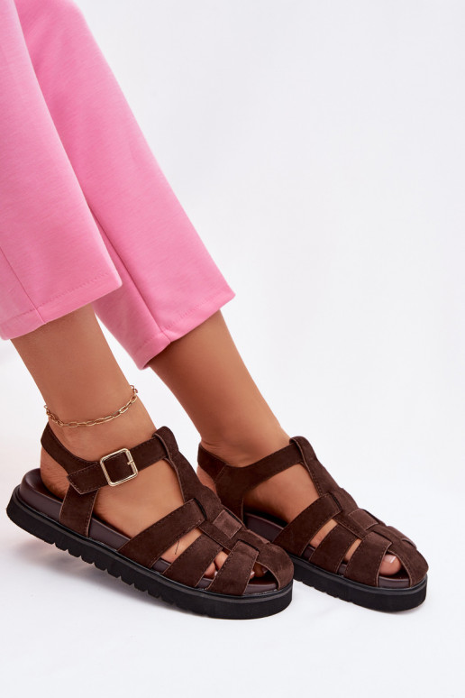 Women's Roman Sandals With Gold Buckle On Platform Chocolate Terelina