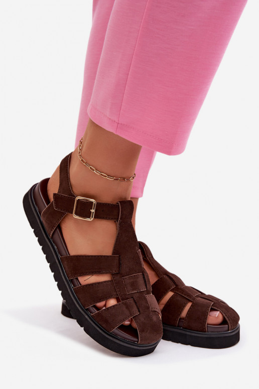 Women's Roman Sandals With Gold Buckle On Platform Chocolate Terelina