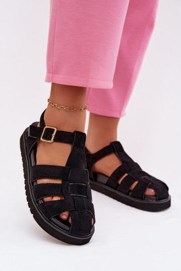 Women's Roman Sandals With Gold Buckle On Platform Black Terelina