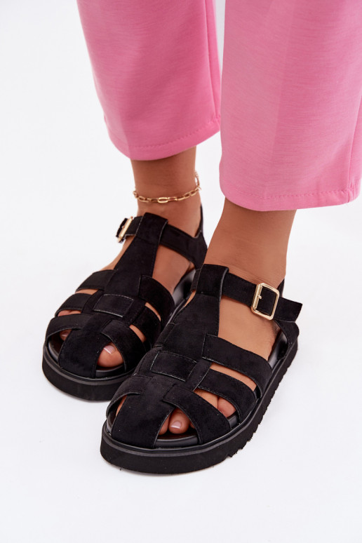 Women's Roman Sandals With Gold Buckle On Platform Black Terelina