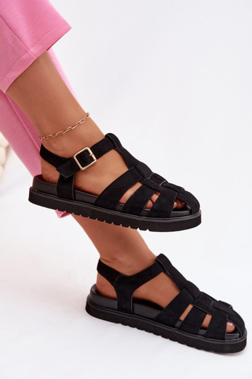 Women's Roman Sandals With Gold Buckle On Platform Black Terelina