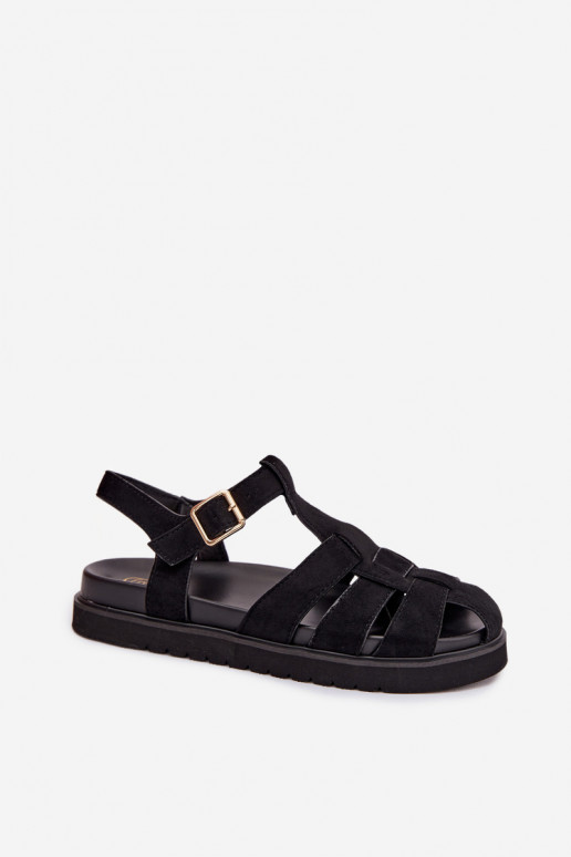 Women's Roman Sandals With Gold Buckle On Platform Black Terelina