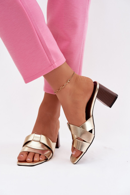 Klapki Damskie Na SłupkuwithPaskami Eko Skórzane Złote Corivelle