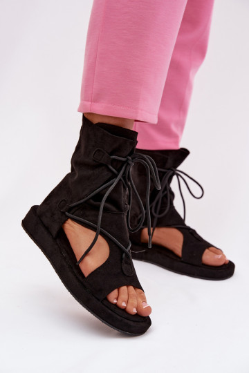 Women's Eco Suede Sandals With High Upper and Laces Black Ferlisse 2