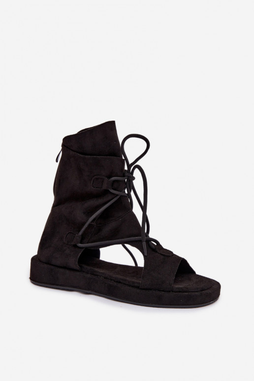 Women's Eco Suede Sandals With High Upper and Laces Black Ferlisse