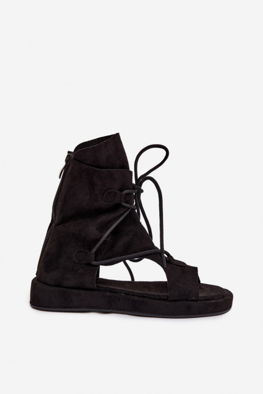 Women's Eco Suede Sandals With High Upper and Laces Black Ferlisse