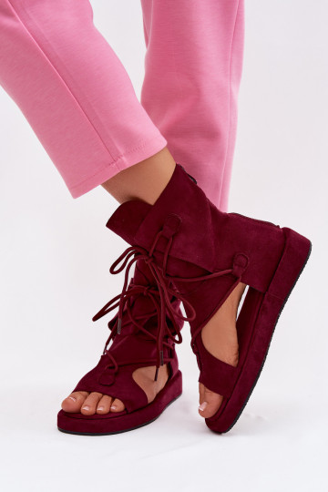 Women's Eco Suede Sandals With High Strap and Laces Burgundy Ferlisse