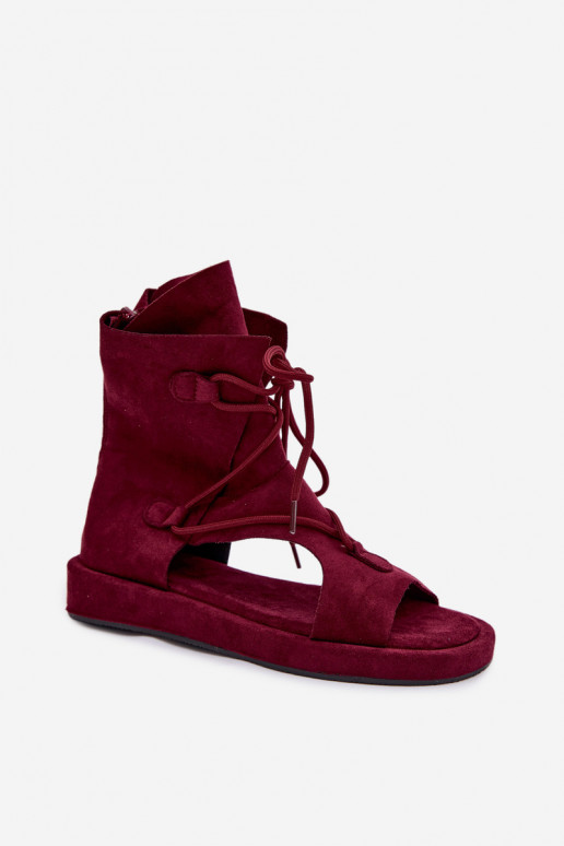 Sandały Damskie Eko ZamszowewithCholewką I Wiązaniem Bordowe Ferlisse