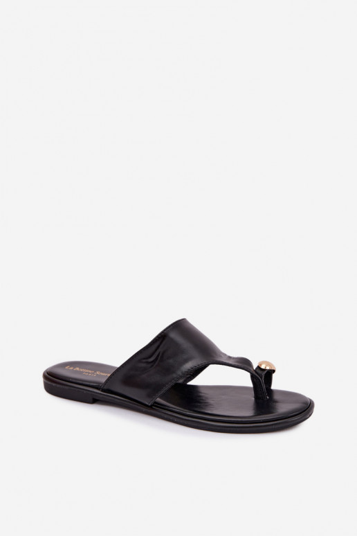 Klapki Damskie Płaskie Eko Skórzane Ze Złotym Detalem Czarne Lavessa