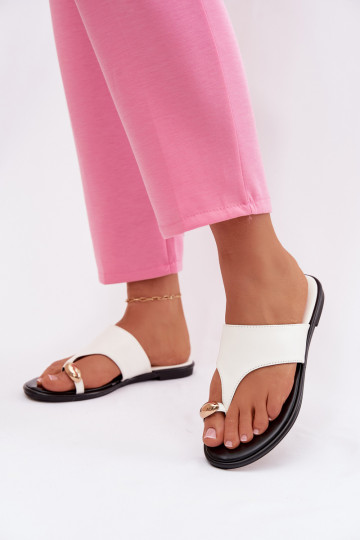 Women's Flat Eco Leather Sandals With Gold Detail White Lavessa 2