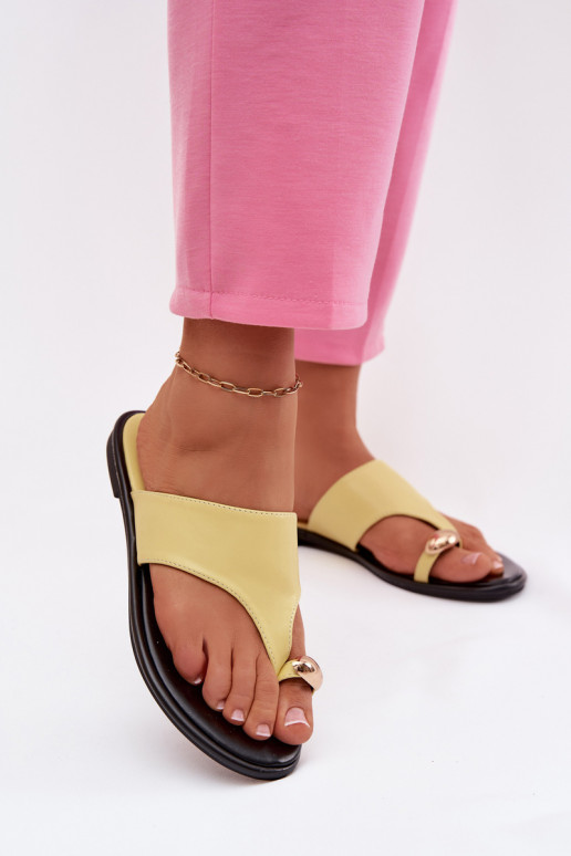 Women's Flat Eco Leather Sandals With Gold Detail Yellow Lavessa