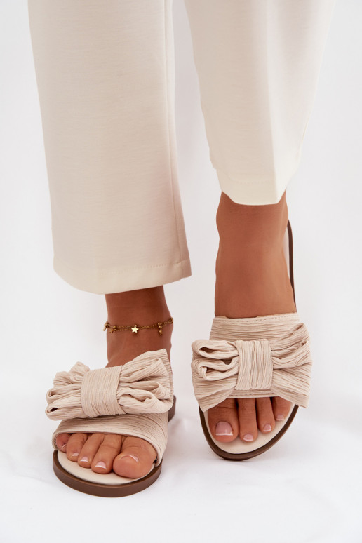 Women's Flat Heel Beige Bow Slippers Amivelle