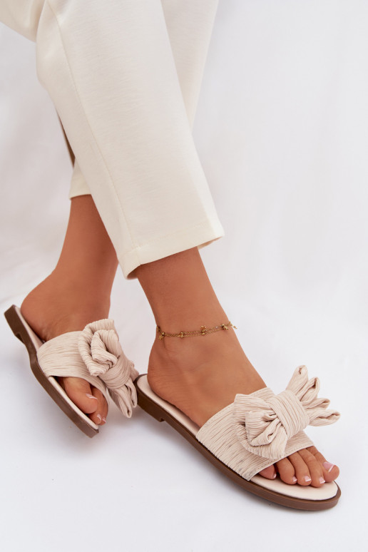 Women's Flat Heel Beige Bow Slippers Amivelle