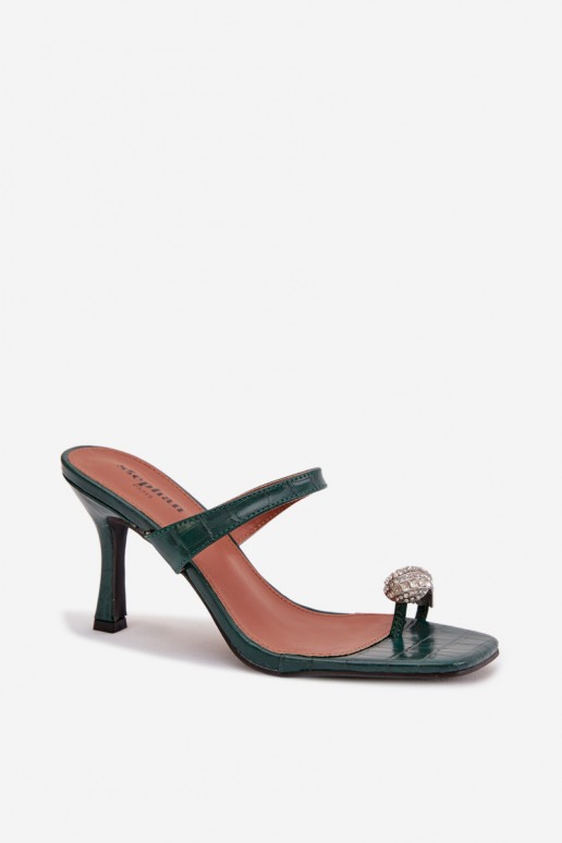 Klapki Damskie Na SzpilcewithOzdobnym Detalem Butelkowa Zieleń Lorissa